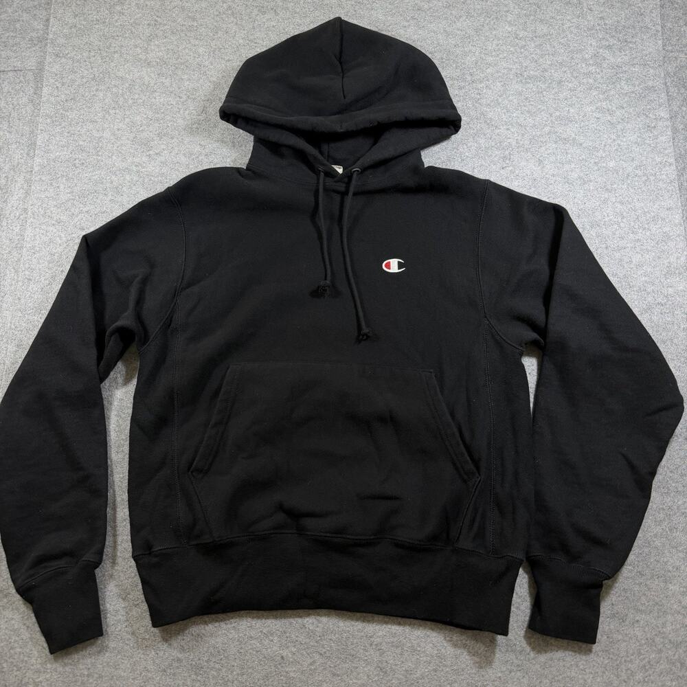 Champion Reverse Weave Hoodie Mens S Black Heavyweight Vintage Blank Sleeve Logo